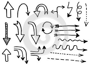 Doodle hand drawn vector arrows set. Thin strokes