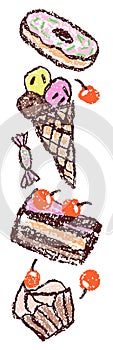 Doodle hand drawn vertical sweet food set. Crayon, pencil or pastel chalk like kid`s style dessert cake