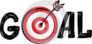 Doodle hand drawn Word Goal with Dartboard target and arrow symbol instead of letter O isolated on white background