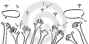 Doodle hands clapping ovation. applause, thumbs up gesture on hand drawn style