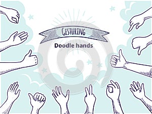 Doodle hands like dislike. Happy client hand drawn concept, thumb up and disagree business sketch. Vector customer