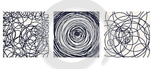 Doodle handwriting scribble patterns. Outline abstract circular squiggly shapes, hatching grunge elements flat vector illustration