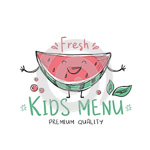 Doodle of happy watermelon slice. Fresh fruit with funny face. Colorful template for children menu for restaurants and cafes