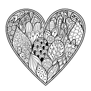 Doodle heart coloring page. Black and white Valentines Day pattern