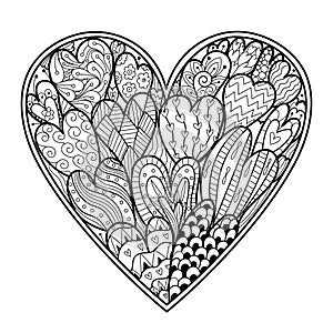 Doodle heart coloring page. Black and white Valentines Day pattern