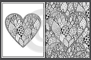 Doodle heart coloring pages set in US Letter format. Black and white Valentine s Day patterns