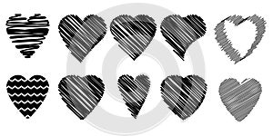 Doodle heart icon set. Black shape. Ink style. Love symbol. Cartoon art. Hand drawn. Vector illustration. Stock image.