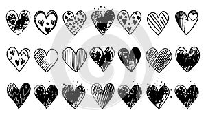 Doodle heart icon set, sketch love vector hand drawn shapes. Scribble collection cute abstract heart and drawing element black and