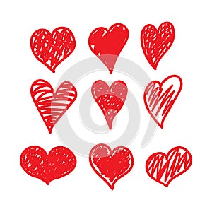 Doodle heart set in hand drawn style. Sketch, scribble. Vector illustration.