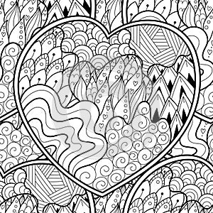 Doodle hearts black and white seamless pattern for coloring book. Love mandala outline background