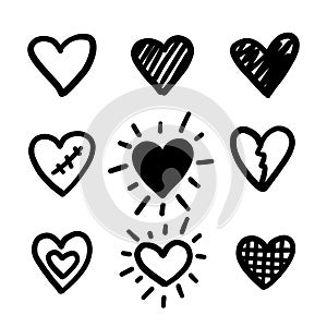 Doodle hearts. Love hand drawn cute line heart set. Vector shapes