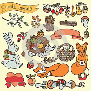 Doodle hedgehog,hare,fox,berries,mushrooms,wood,ribbon