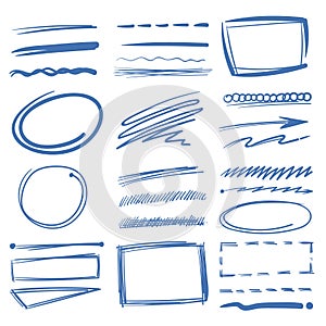 Doodle highlighter vector elements, sketch circles, hand drawn underline, pencil marks