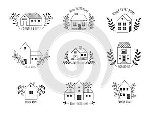 Doodle house logo. Cute hand drawn rural farm and country cottage with floristic elements, real estate line emblem. Vector