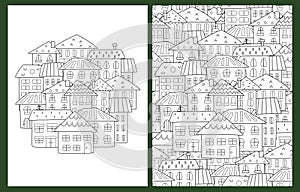 Doodle houses coloring pages set in US Letter format. Black and white city background