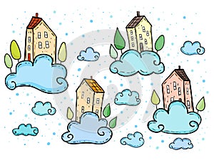 Doodle houses flying on clouds