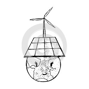 Doodle humour drawing with earth face and solar battary. Nature friendly solar energy. Wind power plant. Vector scratch