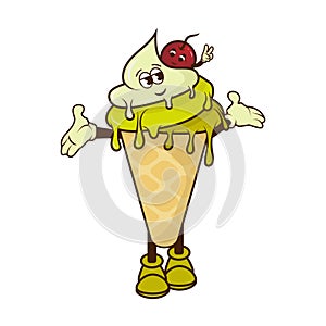Doodle Ice Cream in Retro style. Vector isolated illustrstion ice cream whit heart for sticker and t shirt design in 1970