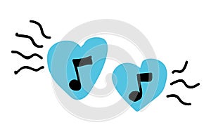 Doodle icon note symbol inside a blue heart. The concept of sounding favorite music. Music of love for Valentines Day