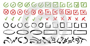 Doodle icon set. Check mark hand drawn with different circle arrows, circles, squares and underlines. Vector illustration