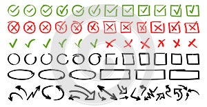 Doodle icon set. Check mark hand drawn with different circle arrows, circles, squares and underlines. Vector illustration