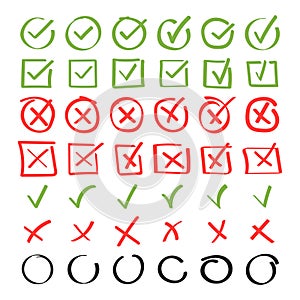 Doodle icon set. Check mark hand drawn with different circle arrows, circles, squares and underlines. Vector illustration
