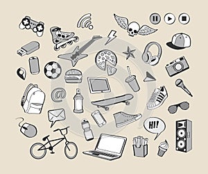 Doodle icon set. Monochrome hand drawn collection of doodle elements for design. Set for boy or teenager