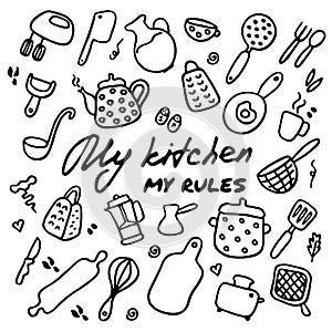 Doodle icons set of kitchen appliances and objects. Hand-drawn cooking items. Household appliances and houseware. Vector