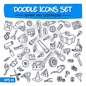 Doodle Icons Set - Repair and Customizing. photo