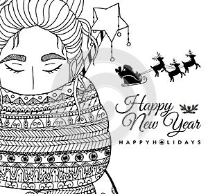 Doodle illustration card girl Santa. New Year. Vector. Coloring page Anti stress for adults