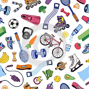 Doodle illustration composed from icons representing healthy lifestyle. Seamless pattern with sport equipment, isolated on white.