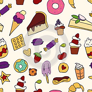 Doodle illustration of desserts and pastries. Seamless pattern with desserts. Hand drawn vector illustration made in cartoon style
