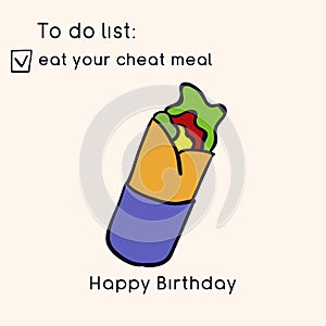 Doodle illustration of fast food. Junk food. Eat your cheat meal. Funny birthday card. Hand drawn vector illustration made in