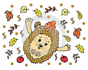doodle illustration, hand drawn cheerful hedgehog with hands raised up, apples and bright autumn leaves