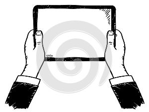 Doodle illustration of hands holding tablet computer. Hand drawn doodle vector illustration.