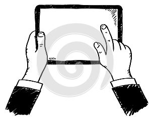 Doodle illustration of hands holding tablet computer with one hand tapping on screen. Hand drawn doodle vector illustration.