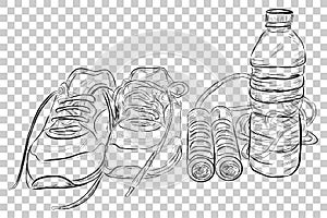Doodle Illustration of Healthy Life Style, Sport Shoes, Jumping / Skipping Rope and Mineral Water Bottle at Transparent Effect Bac