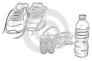 Doodle Illustration of Healthy Life Style, Sport Shoes, Jumping / Skipping Rope and Transparent Mineral Water Bottle