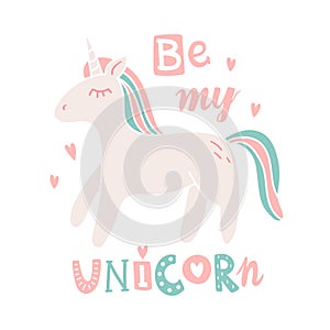 Doodle illustration with lovely unicorn on Valentine`s Day for greeting card