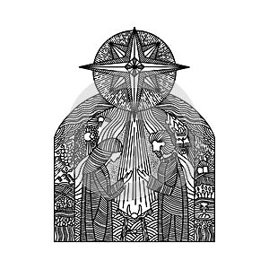 Doodle illustration. Nativity scene. Joseph and Mary with the baby Jesus, with the star of Bethlehem on top