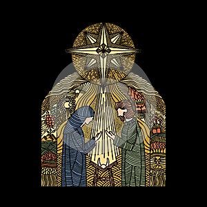 Doodle illustration. Nativity scene. Joseph and Mary with the baby Jesus, with the star of Bethlehem on top