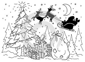 Doodle illustration of Santa in a sleigh with reindeer. New Year. Vector.