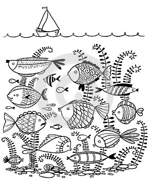Doodle illustration with underwater fishes and sailing ship