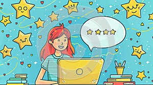 A doodle illustration of a woman client, stars and messages, with a doodle banner of customer feedback.