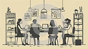Doodle illustration of a woman and a man working in an office. Concept of teamwork, workplace, working together and