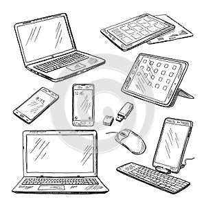 Doodle illustrations of different devices laptop, smartphone, tablet, pc and other. Vector pictures set