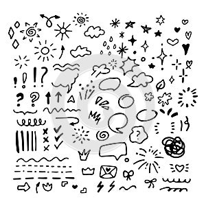 Doodle illustrations set. Doodles, stars, sparkles, hearts, decorations, frames, speech bubbles, arrows, check boxes