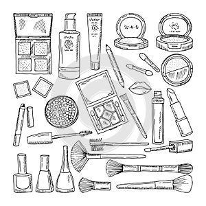 Doodle illustrations of woman cosmetics. Makeup tools for beautiful women