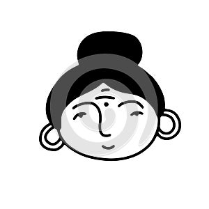 Doodle Indian woman with round earrings, bun, Bindi