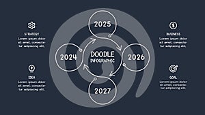 Doodle infographic elements with 4 options. Template for web on a dark background.